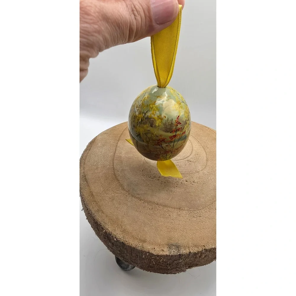 Vintage 2000 Russian Hand Painted Lacquer Egg Ornament Birch Tree Landscape